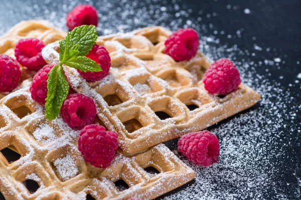 Gofres caseros con frambuesas — Foto de Stock