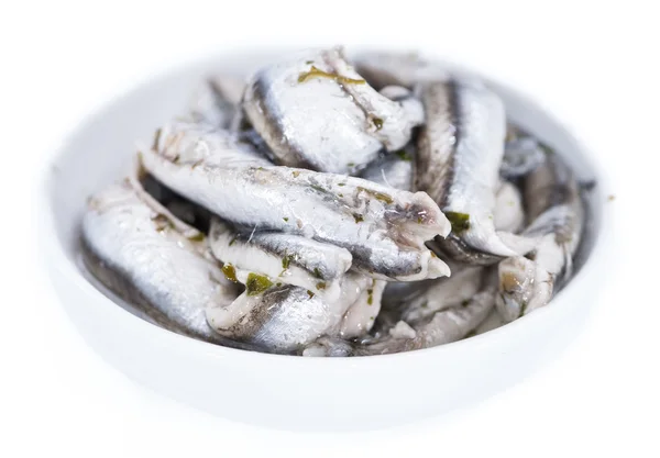Pickled Anchovies in white bowl — Stock Photo, Image