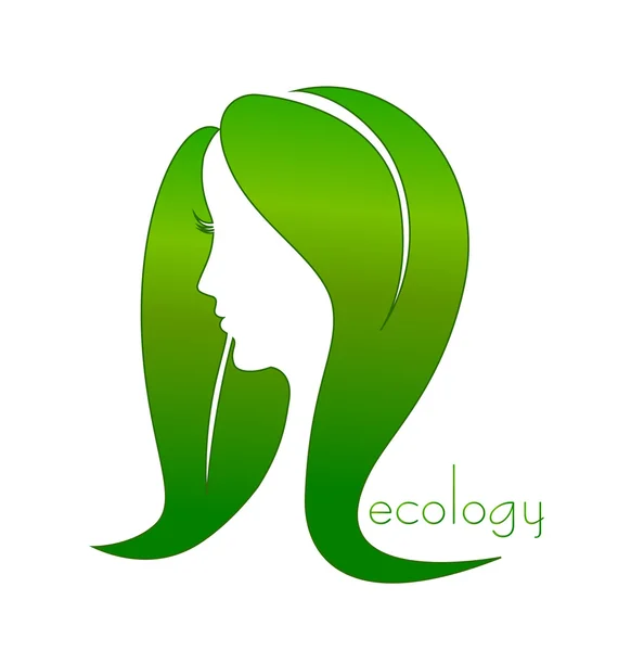 Woman with healthy hair leafs ecology logo — Stock Vector