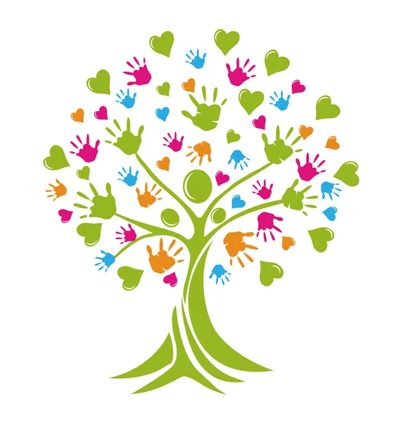 Tree people hands and hearts figures logo — Stock Illustration Tree people hands and hearts figures logo Stock Illustration