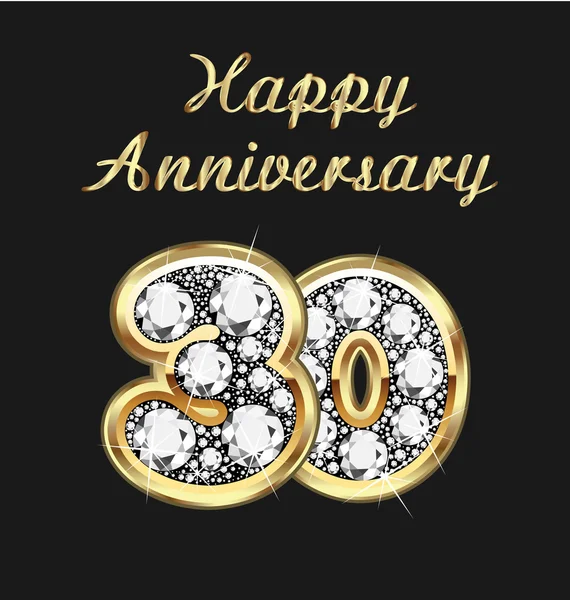 30 years anniversary birthday in gold and diamonds — Stock Vector