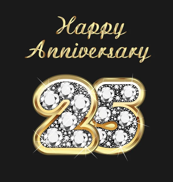 25 ans anniversaire en or et diamants — Image vectorielle