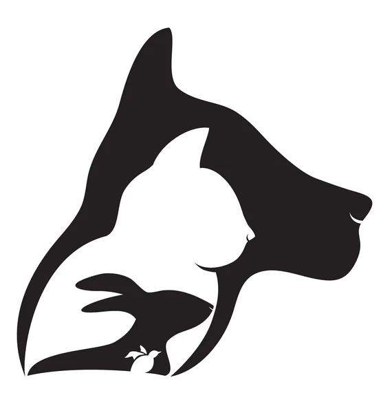 Logo cão gato coelho e silhuetas pássaro — Vetor de Stock