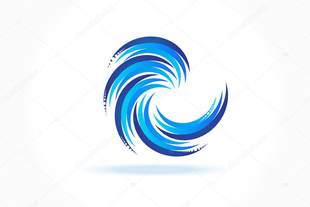 Logo blue spiral beach waves foam swooshes symbol icon illustration vector image design watercolor background template