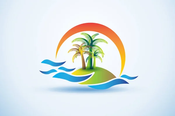 Sun Palm Trees Waves Tropical Logo Card Vector Image Graphic — Stock Vector