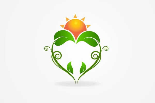 Logo Sol Corazón Hoja Hoja Crecimiento Orgánico Plantas Vector Imagen — Vector de stock