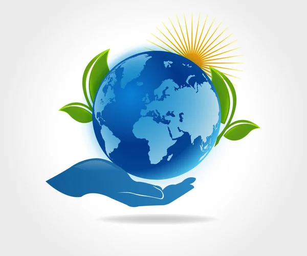 Logo Cuidado Mano Verde Tierra Planeta Sol Ecología Concepto Vector — Vector de stock