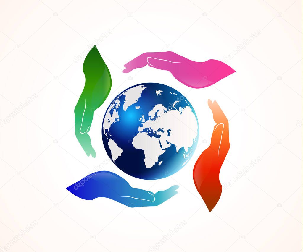 Hands holding a globe world map logo vector web image