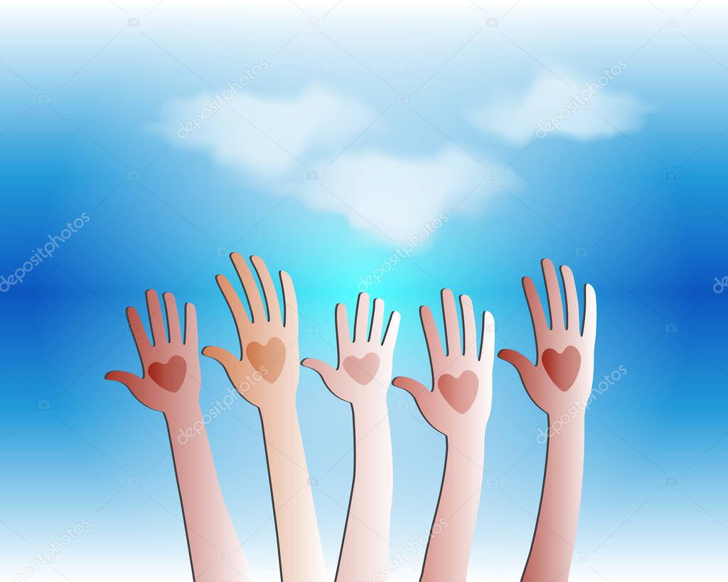 Hands love heart logo vector web image template graphic design illustration sky background