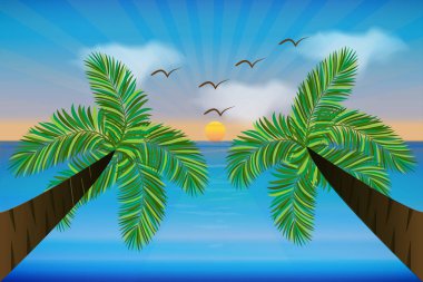 Güneş ağacı palmiyesi dalgaları ve kuşlar cennet logo vektör resim tasarımı arka planı