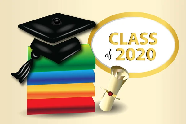 卒業教育帽子本と金の羊皮紙2020ゴールドテキストアイコンベクトルシンボルロゴデザインのクラス — ストックベクタ