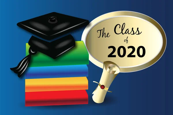 卒業教育帽子の本と2020アイコンベクトルシンボルロゴデザインの金の羊皮紙クラス — ストックベクタ