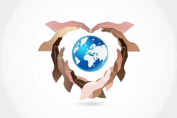 Händerna Håller Global Världskarta Ikon Logotyp Vektor Webb Bild Mall — Stock vektor