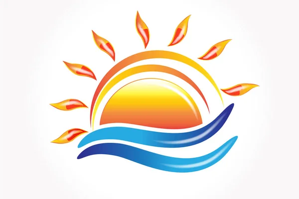 Logo Slunce Vlny Léto Pláž Tropický Ráj Ikona Symbol Vektor — Stockový vektor
