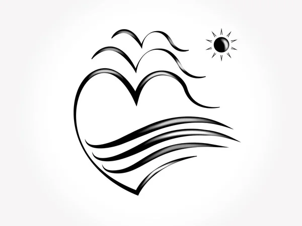 Logo Amor Corazón Aves Olas Océano Playa Icono Vector Imagen — Vector de stock