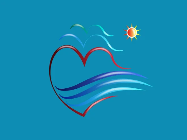 Logo Amore Cuore Uccelli Onde Oceano Spiaggia Icona Vettore Immagine — Vettoriale Stock