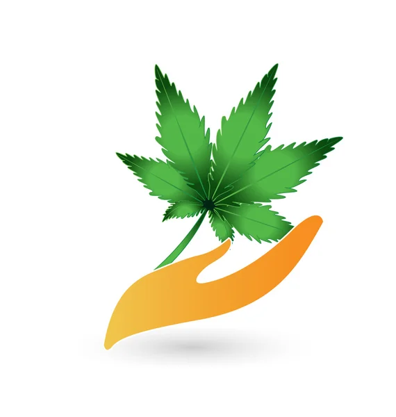 手和叶的大麻植物标志 — 图库矢量图片