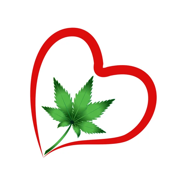 Hart en blad cannabis plant vector pictogram logo — Stockvector