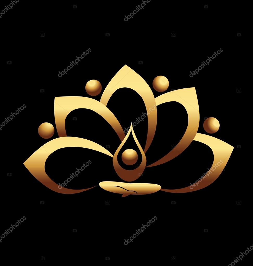 Gold lotus and people team meditation icon vector logo design illustration