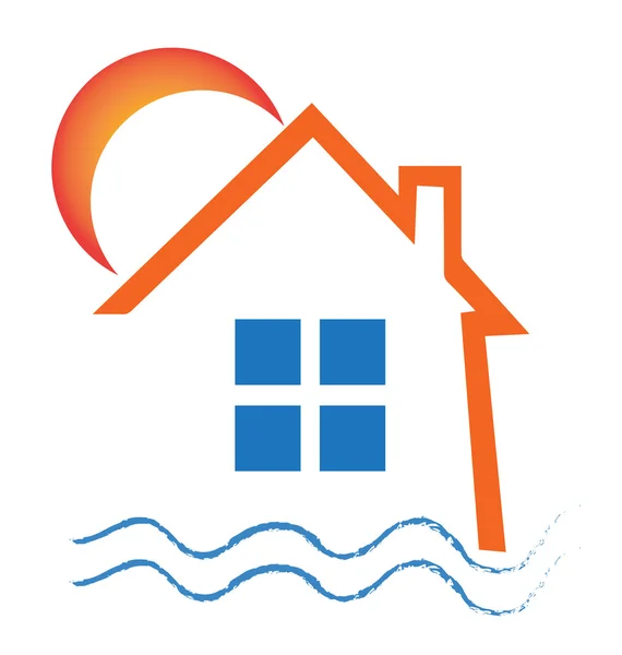 Immobilier maison soleil et vagues design logo vecteur — Image vectorielle