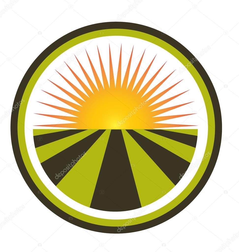 Sun agriculture landscape and farm harvest label icon