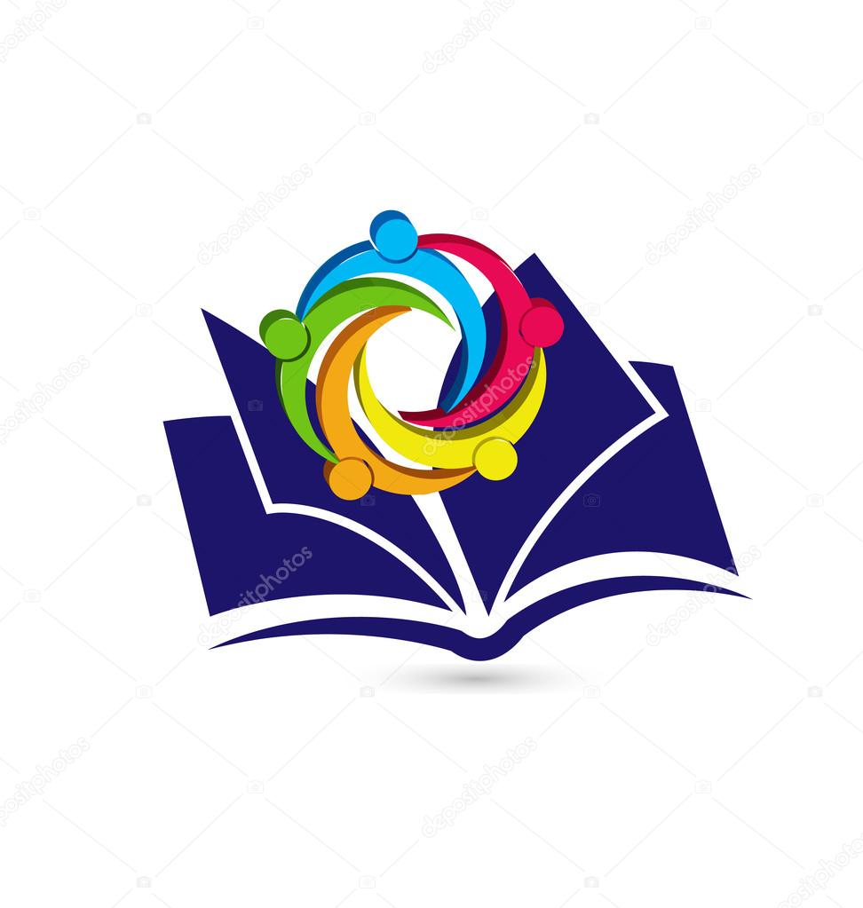 Teamwork happy students with book identity card for educational group icon logo vector