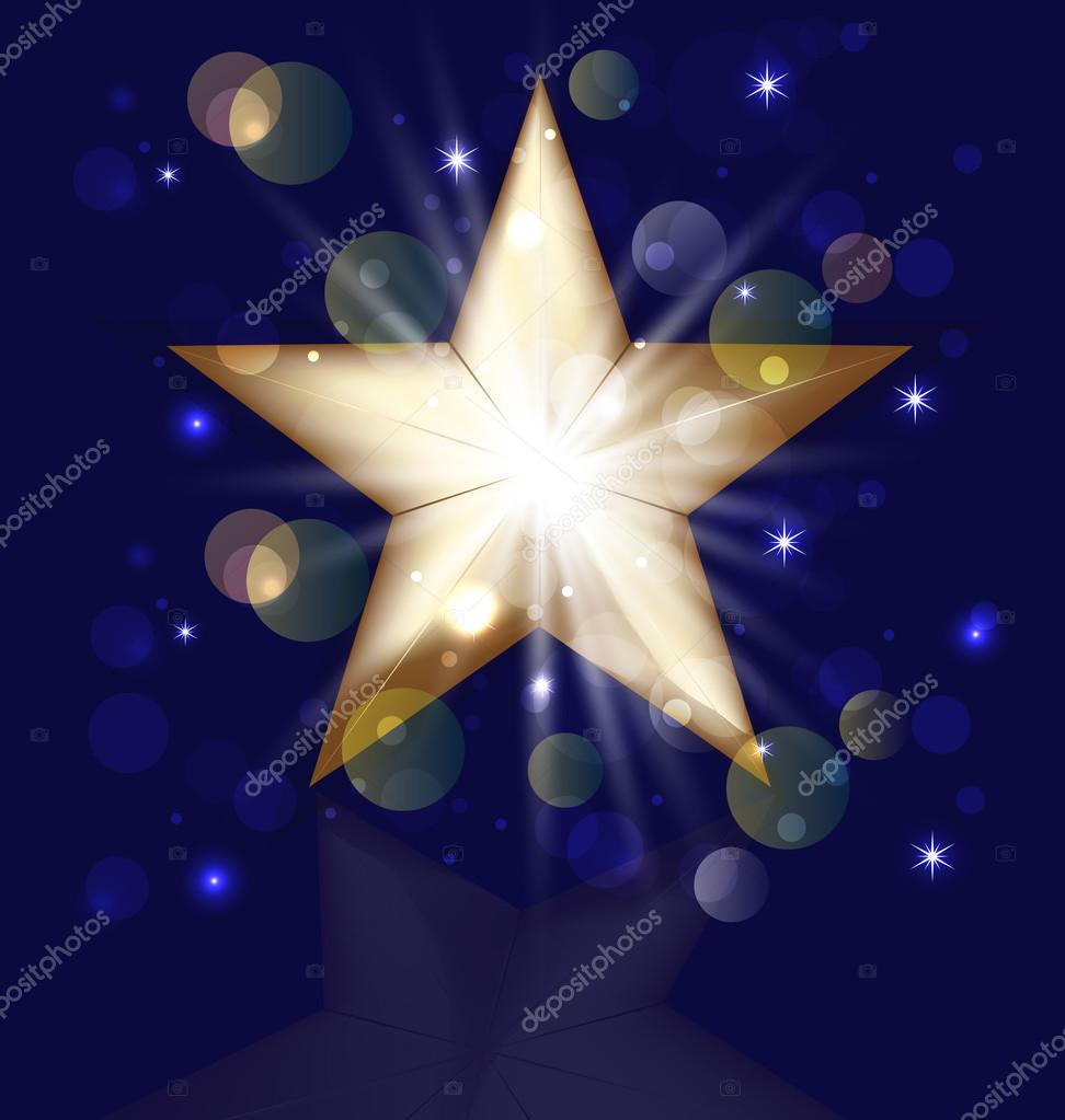 Glitter golden blue christmas star with bokeh bubbles greetings card vector