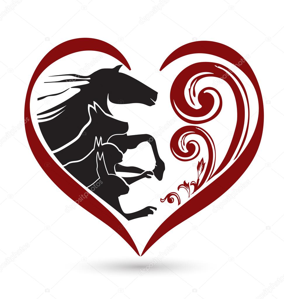 Cat dog horse and rabbit silhouettes floral heart love shape icon logo vector