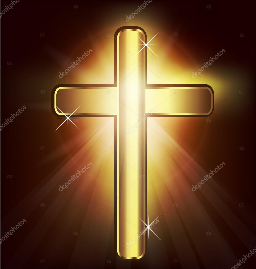 Golden cross, crucifix, symbol of Christian faith background with rays. EPS10 compatible.