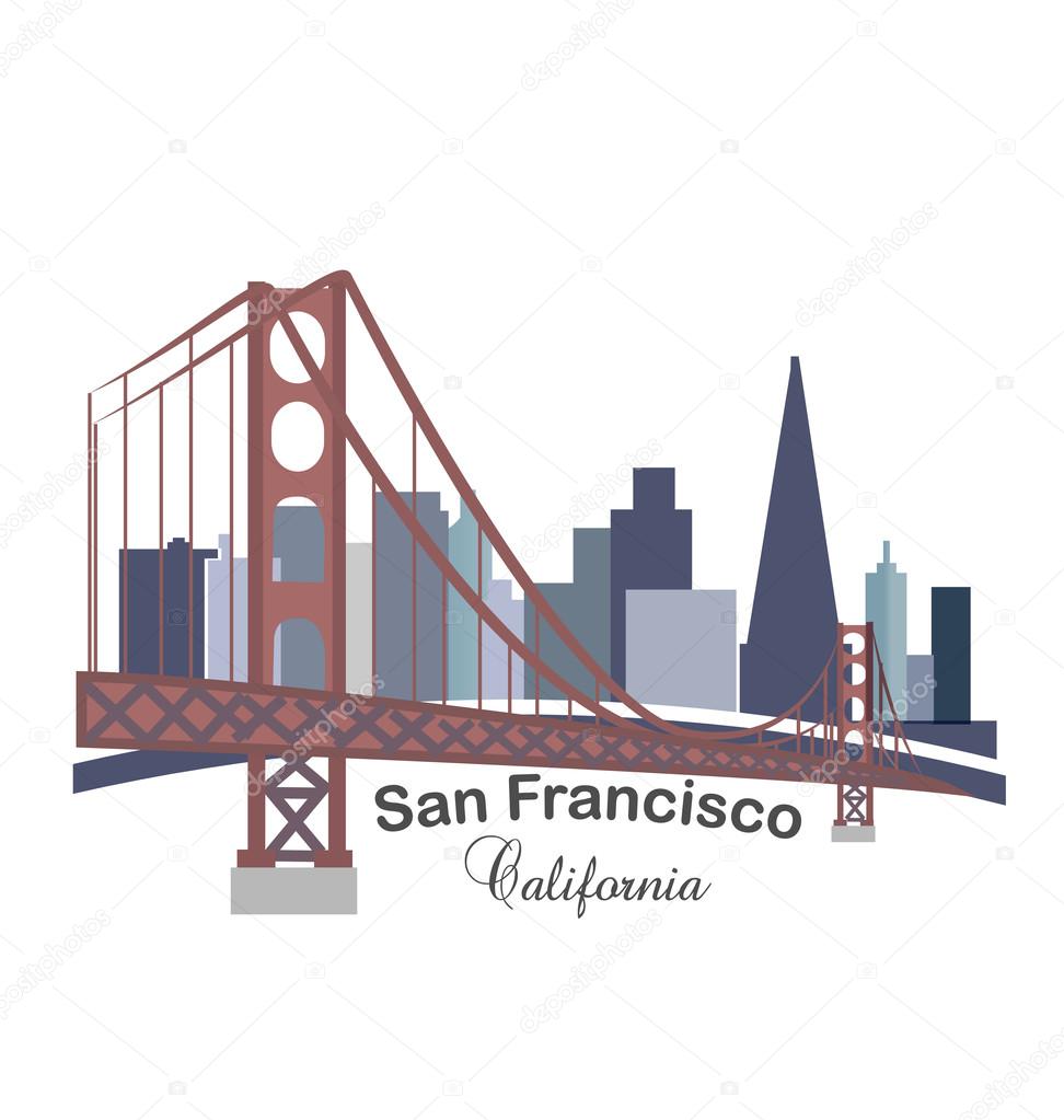 California skyline buildings with golden gate bridge icon