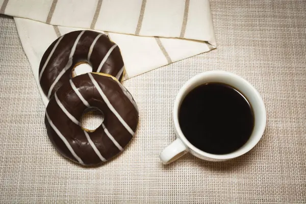 Two Chocolate Doughnuts Cup Coffee Top View — Stock Photo, Image