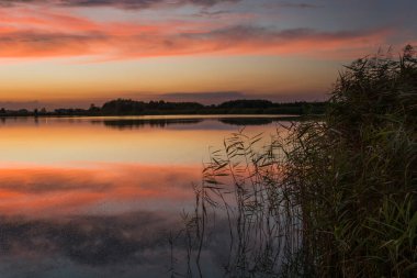 Renkli bulutlar, sazlıklarla dolu bir gölde ayna görüntüsü, yaz akşamı manzarası, Stankow, doğu Polonya