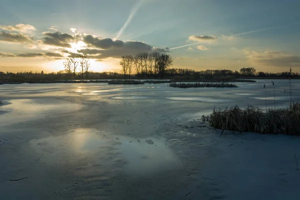 Lago Congelado Com Juncos Leste Polônia Pôr Sol Vista Inverno — Fotografia de Stock