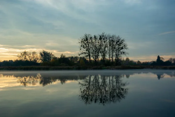 Spiegelreflectie Van Bomen Een Mistig Meer Stankow Lubelskie Polen — Stockfoto