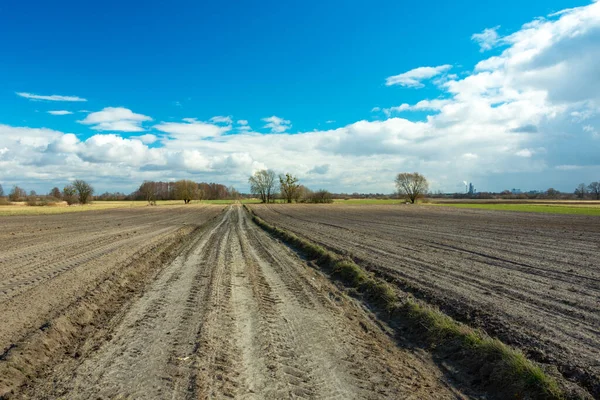 耕された畑と空の白い雲の間の未舗装の道路 ノヴィニー ルベルスキー ポーランド — ストック写真