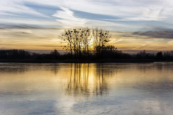 Pôr Sol Sobre Lago Congelado Árvores Stankow Polônia — Fotografia de Stock