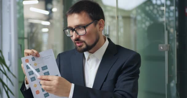 Retrato de agradável profissional cvalified 40-aged barbudo empresário em roupas formais que realização de videoconferência on-line usando processo de contratação de emprego fluxograma para parceiros à distância — Vídeo de Stock