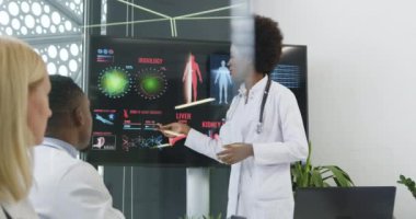 Sayısal monitörde sunum yapan çok yetenekli ciddi sağlık çalışanlarının önünde seminer sırasında kalp hastalıkları hakkında rapor veren sevimli siyah, başarılı bilge kadın doktor.