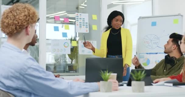 Charming confiante bem sucedida mulher de pele preta discutindo com seus subordinados motivados profissionais estratégia de negócios de projeto conjunto durante reunião na sala de escritório — Vídeo de Stock