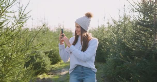 Close up of splendid smiling happy stylish young woman in hat which walking between fir trees rows and doing photos on mobile — Stock Video