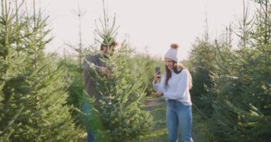 Yakışıklı, neşeli, şapkalı, yeşil köknar ağacını fotoğraflayan esmer bir kız. Sakallı kocasıyla birlikte tatillerde, yavaş çekim için ormancıdan almışlardı.