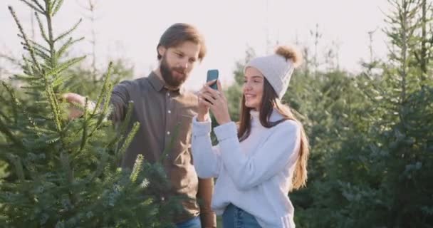 Güneşli bir günde ormanda birlikte seçtikleri köknar ağacıyla fotoğraf revize eden sevimli gülümseyen mutlu genç çiftin ön görüntüsü. — Stok video