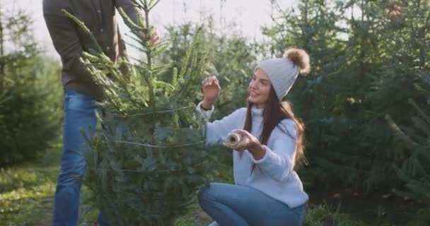 Aantrekkelijk gelukkig glimlachende jonge vrouw met grappige hoed helpen haar man banden met draden dennenboom die ze kochten in de bosbouw — Stockvideo