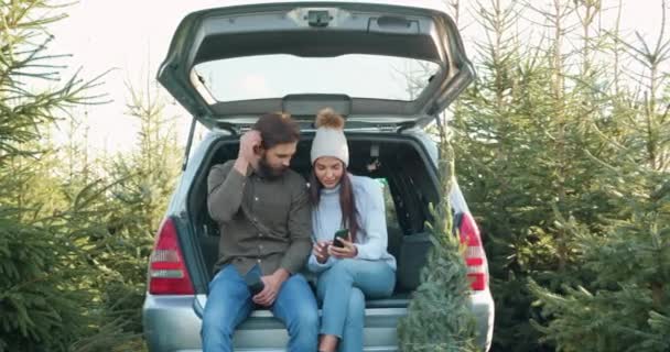 Close-up de atraente sorrindo casal jovem feliz que sentado em carros tronco cercou abetos e fotos revisioning no telefone das mulheres — Vídeo de Stock