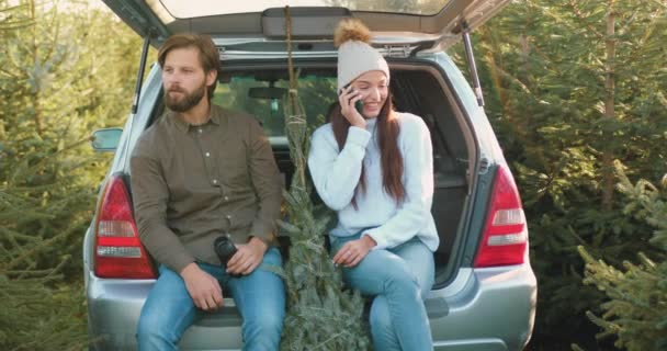 Portrait de belle jeune femme souriante heureuse qui parle au téléphone assis avec son mari barbu réfléchi dans le coffre des voitures parmi de beaux sapins — Video