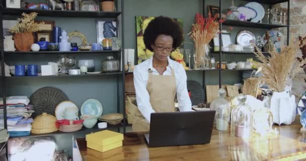 손으로 만든 선물 가게에서 일하고 그녀의 컴퓨터를 사용하는 사랑 스러운 농축 된 젊은 아프리카계 미국인 여성의 근접 사진 — 비디오
