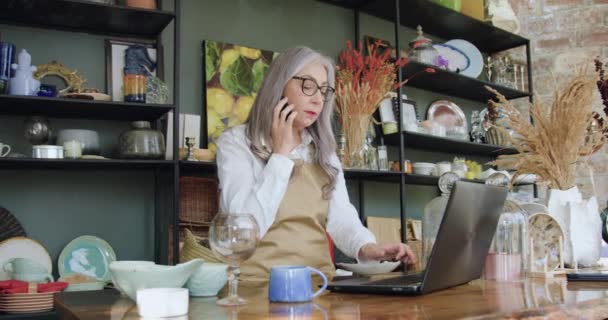 Schitterend zelfverzekerd geconcentreerde grijsharige senior vrouw die tegelijkertijd telefoneert en werkt aan laptop in mooie cadeauwinkel, vooraanzicht — Stockvideo