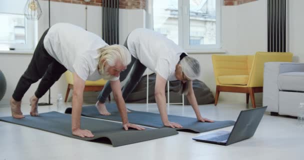 Bon caractère positif couple retraité sportif en vêtements de sport faire des exercices d'étirement sur des nattes à la maison et après avoir fini de donner élevé cinq uns des autres — Video