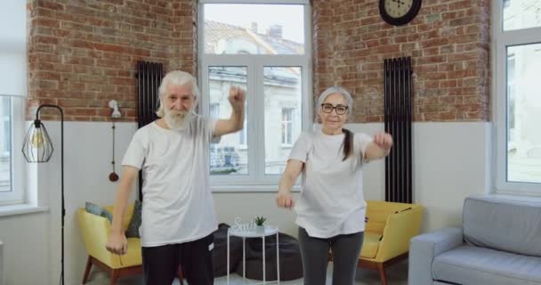 Atractivo positivo activo tranquilo par de pensionistas en camisetas blancas haciendo ejercicios de estiramiento durante el entrenamiento conjunto en apartamento moderno por la mañana — Vídeos de Stock