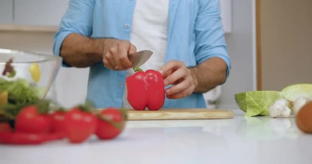 Meçhul bir adam panoda kırmızı biber keserken akşam yemeği için taze sebze salatası hazırlıyor. — Stok video